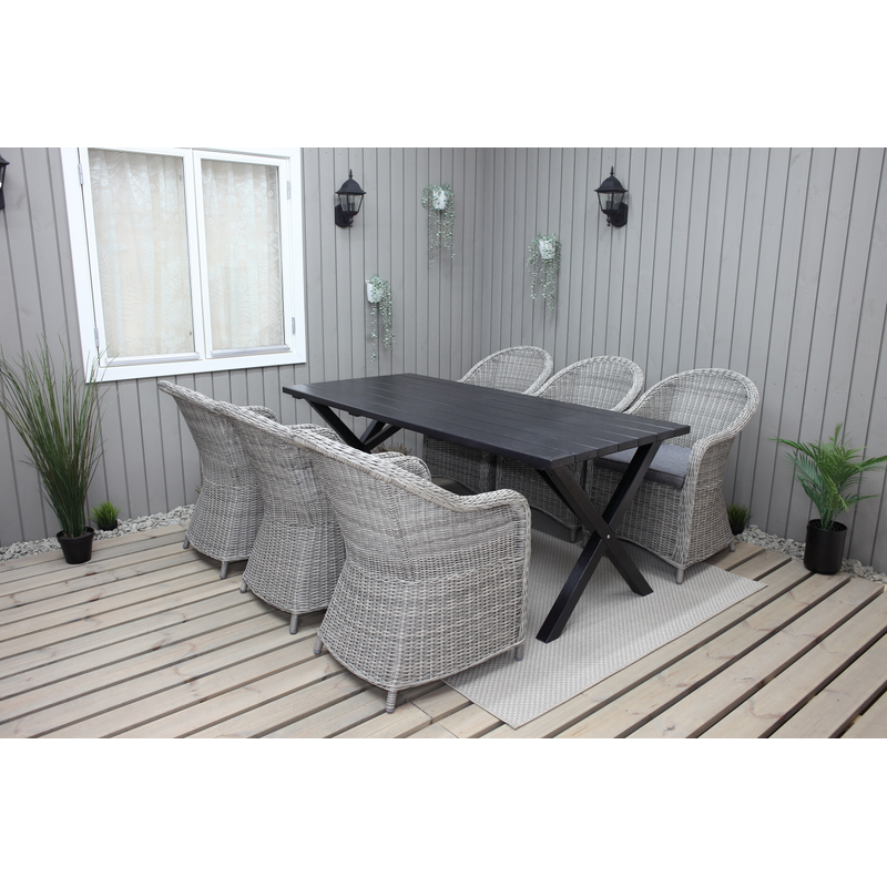 Baltic Garden Utomhusmöbelgrupp 190 Cm Bord & 6 Belize Grå Stolar  Svart