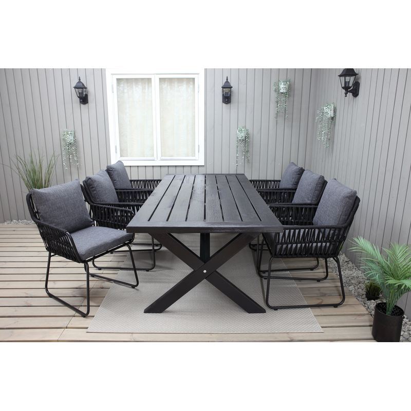 Baltic Garden Utomhusmöbelgrupp 220 Cm Bord & 6 Levanto Grå Stolar  Svart