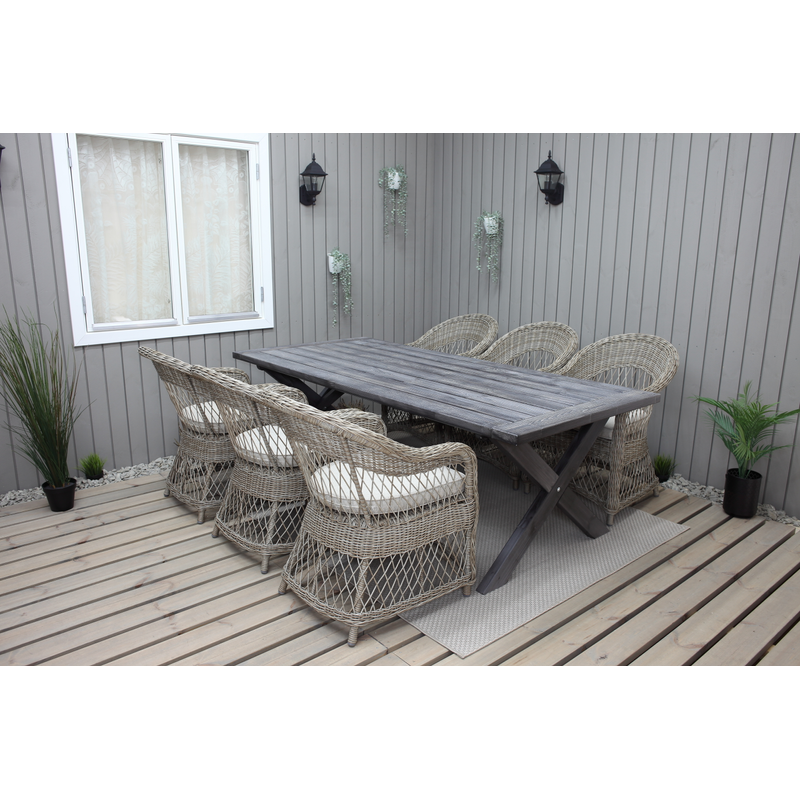 Baltic Garden Utomhusmöbelgrupp 220 Cm Bord & 6 Merida Naturell Stolar  Grå