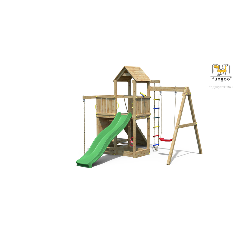 Fungoo Lekplats Activer Med Rutschkana, Klätterramp, Repstege Och Picknickbord Fungoo Tryckimpregnerad