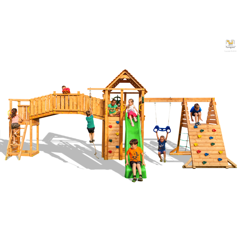 Fungoo Lekplats Maxi Set Fun Gym Med Rutschkana, Lekhus, Klätternät Och Trapets Fungoo Målad I Teak, 150 X 130; 80 X 80; 120 X 100