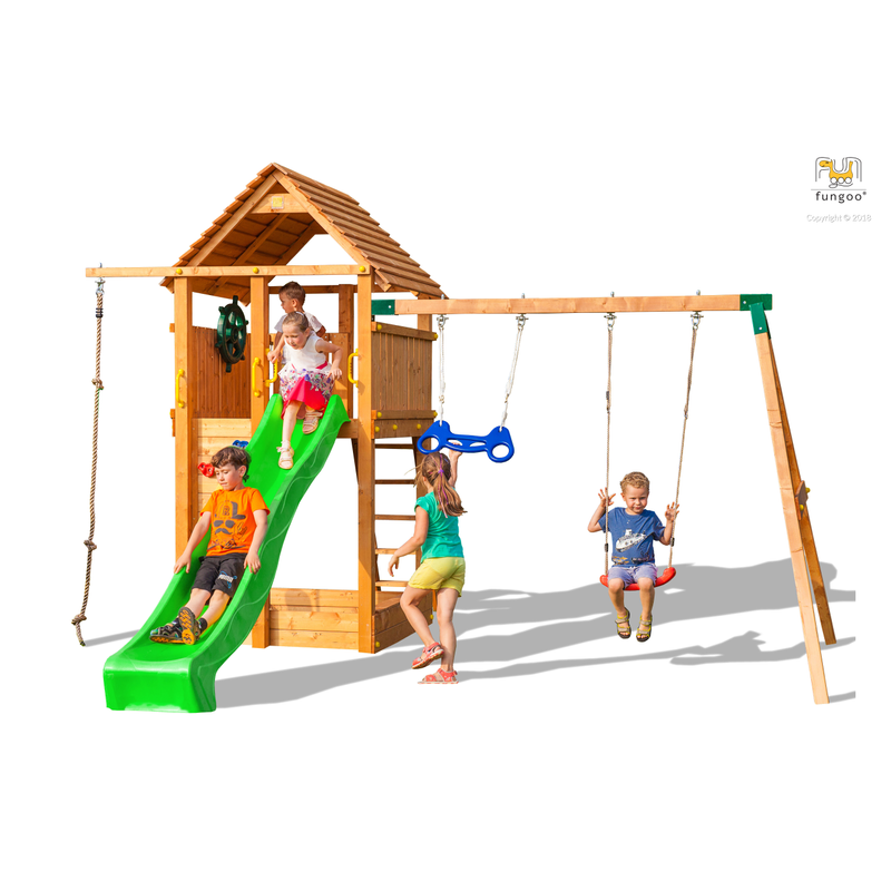 Fungoo Lekplats Set Fortress Move Med Rutschkana, Gungor, Torn Och Picknickbord Fungoo Målad I Teak, 460 X 465 X H305cm