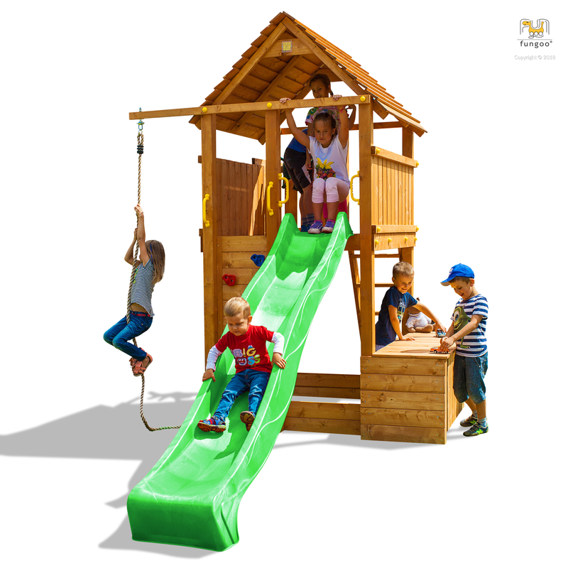 Fungoo Lekplats Set Fortress Toybox Med Rutschkana, Lekstuga, Leklåda Och Klätterrep Fungoo Målad I Teak, 460 X 305 X H305cm