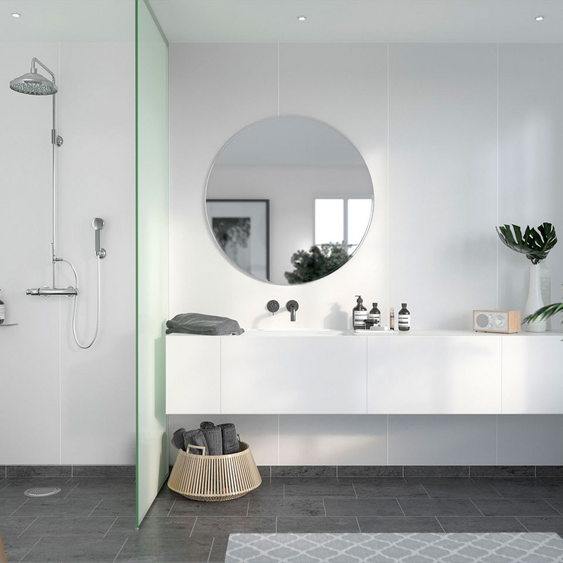 Fibo Våtrumsskiva Marcato Fog På Höger Långsida 11x620x2400 Mm Fibo Rhodos White Silke, 11x620x2400 Mm
