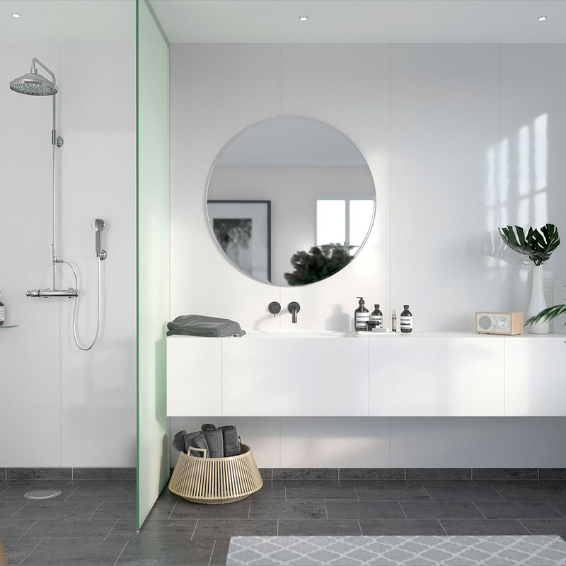 Fibo Våtrumsskiva Marcato Fog På Höger Långsida 11x620x2400 Mm Fibo Athen White Högglans, 11x620x2400 Mm