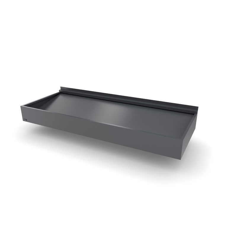 Designtak Entrétak Box Classic  2500 Mm, Mörkgrå (ral:7011), Undertak Samma Kulör Som Taket, Svarta Spotlights, Vattenutsläpp Vänster (sett Framifrån)