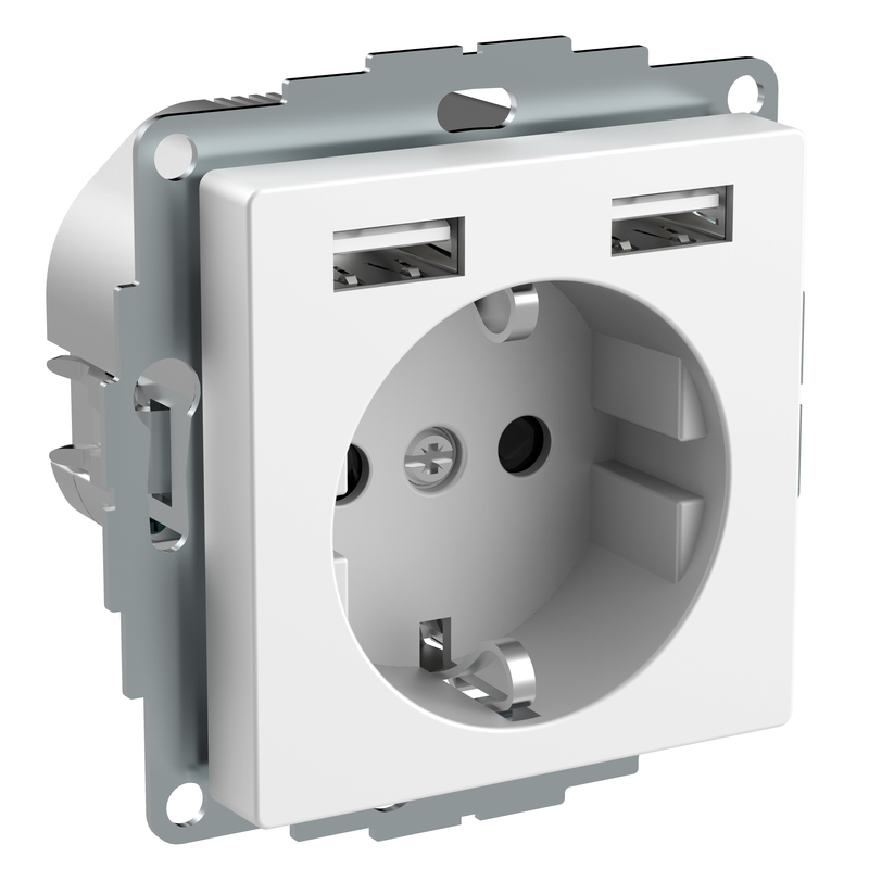 Schneider Vägguttag Exxact Infälld 1-vägs Med 2x Usb-a  Electric Vit, Ip20, Med Skruv Och Klor