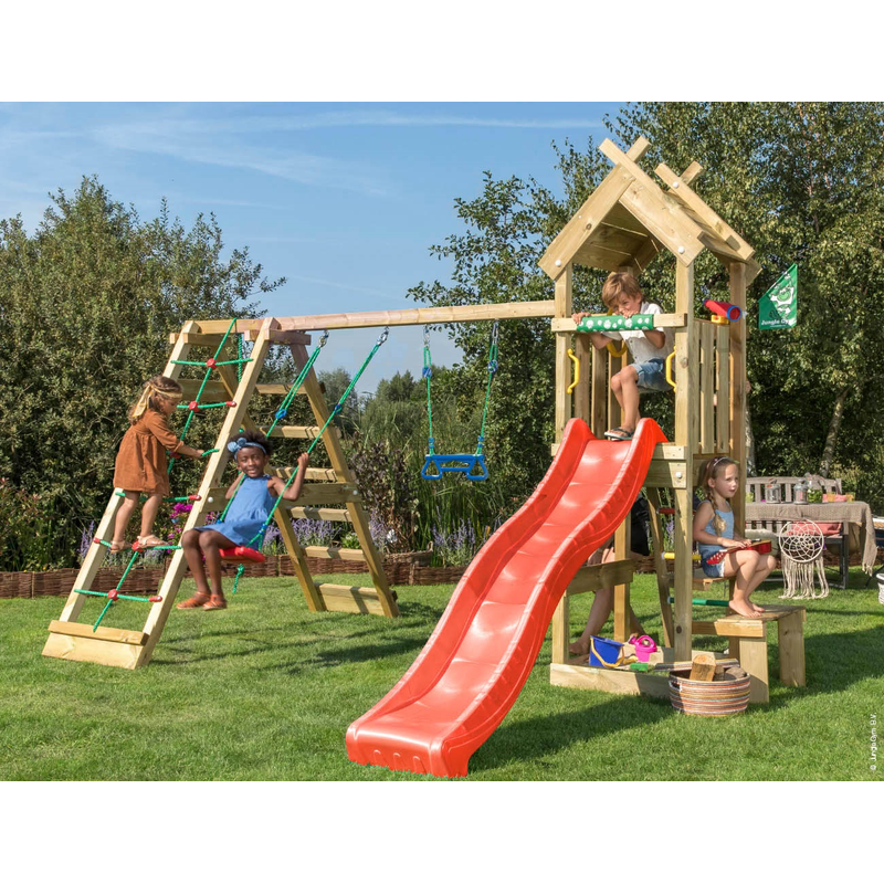 Jungle Gym Lektorn Komplett Totem  Klättermodul Och Röd Rutschkana