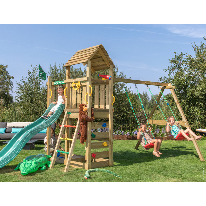 Jungle Gym Lektorn Komplett Safari  Gungställning, 2 Gungor Och Mörkgrön Rutschkana