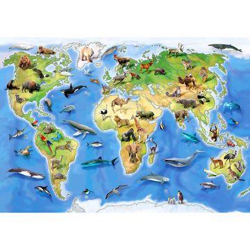 Barntapet Världskarta med vilda djur ForWall