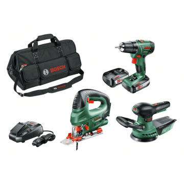 Verktygsset Borrskruvdragare Sticksåg Exceterslip Väska 2 x Batteri Laddare Bosch Power Tools