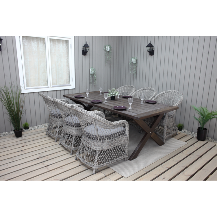 Utomhusmöbelgrupp 220 cm bord & 6 Merida grå stolar Baltic Garden