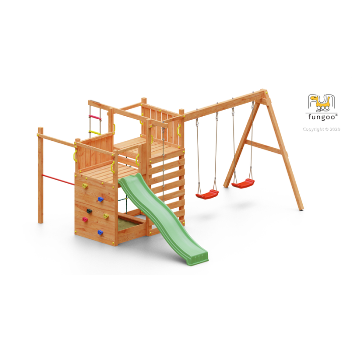 Lekplats Climbing Star3 med rutschkana, klättervägg, nät och sandlåda Fungoo Lekplats Climbing Star3 med rutschkana, klättervägg, nät och sandlåda Fungoo