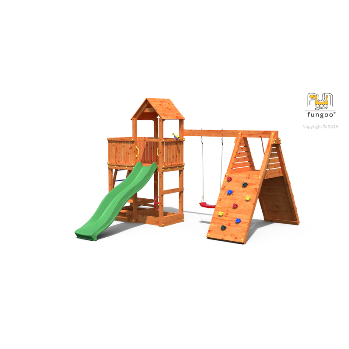 Lekplats Fluppi i teakmålad med rutschkana, dubbla gungor, picknickbord, klättervägg, sandlåda och teleskop Fungoo Lekplats Fluppi i teakmålad med rutschkana, dubbla gungor, picknickbord, klättervägg, sandlåda och teleskop Fungoo