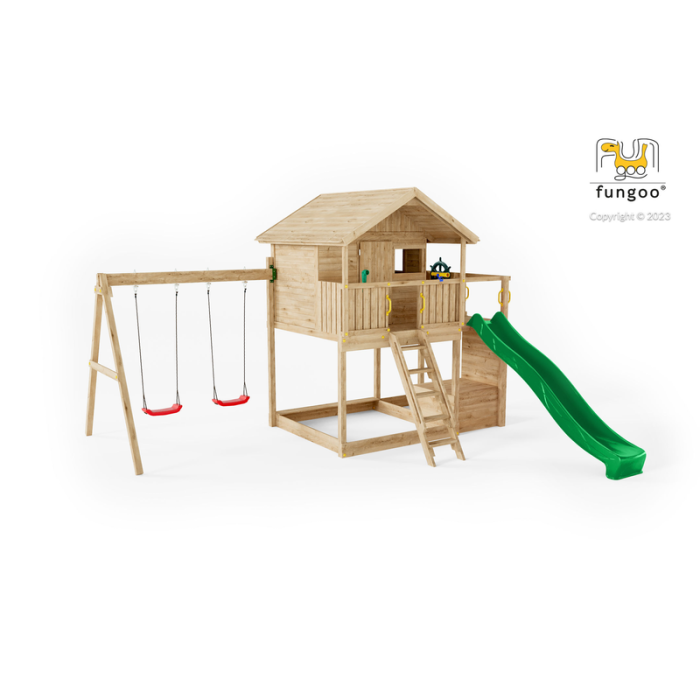 Lekplats Galaxy Sunshine med rutschkana, dubbla gungor, lekstuga och teleskop Fungoo Lekplats Galaxy Sunshine med rutschkana, dubbla gungor, lekstuga och teleskop Fungoo