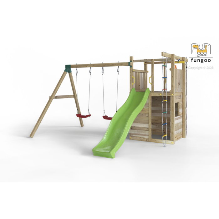 Lekplats Houser med rutschkana, dubbla gungor, lekstuga, repstege och pirathjul Fungoo Lekplats Houser med rutschkana, dubbla gungor, lekstuga, repstege och pirathjul Fungoo