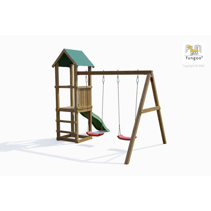 Lekplats Lucas med rutschkana, dubbla gungor, picknickbord och kompakt design Fungoo Lekplats Lucas med rutschkana, dubbla gungor, picknickbord och kompakt design Fungoo