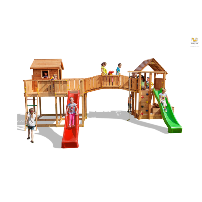 Lekplats Maxi Set Joyful Castel med dubbla rutschkanor, lekstuga, klättervägg och repstege Fungoo Lekplats Maxi Set Joyful Castel med dubbla rutschkanor, lekstuga, klättervägg och repstege Fungoo