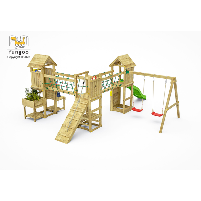 Lekplats Optimizer med rutschkana, dubbla gungor, picknickbord och klättervägg Fungoo Lekplats Optimizer med rutschkana, dubbla gungor, picknickbord och klättervägg Fungoo