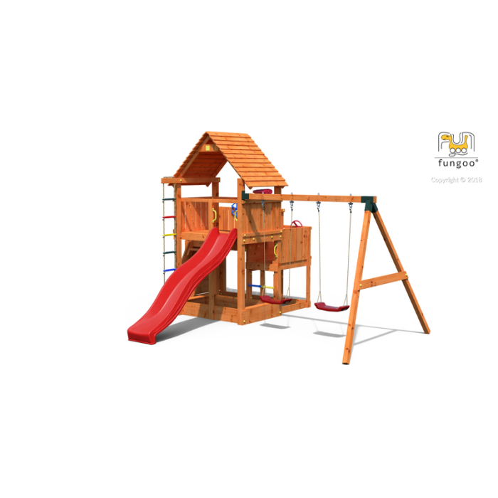 Lekplats Set Big Leader Move Red med rutschkana, sandlåda, trappor av trä och gungor Fungoo Lekplats Set Big Leader Move Red med rutschkana, sandlåda, trappor av trä och gungor Fungoo