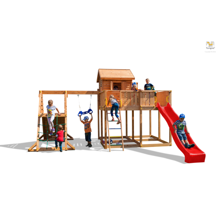 Lekplats Set My Space XL Spider med rutschkana, lekstuga, spindelmodul och trapets Fungoo Lekplats Set My Space XL Spider med rutschkana, lekstuga, spindelmodul och trapets Fungoo