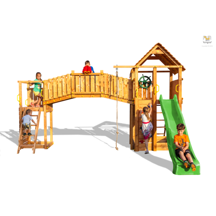 Lekplats Set Rainbow Fortress TIP med rutschkana, lekstuga, trätak och klätterrep Fungoo Lekplats Set Rainbow Fortress TIP med rutschkana, lekstuga, trätak och klätterrep Fungoo