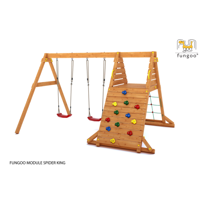 Lekplats Spider King med klättervägg, spindelnät och dubbla gungor Fungoo Lekplats Spider King med klättervägg, spindelnät och dubbla gungor Fungoo