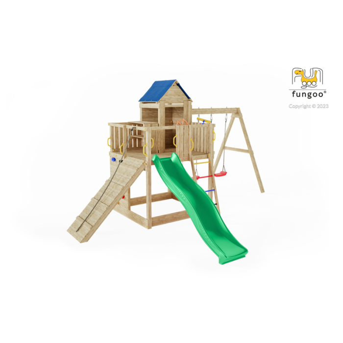 Lekplats Treehouse 3 med rutschkana, klättervägg, ramp och lekstuga Fungoo Lekplats Treehouse 3 med rutschkana, klättervägg, ramp och lekstuga Fungoo