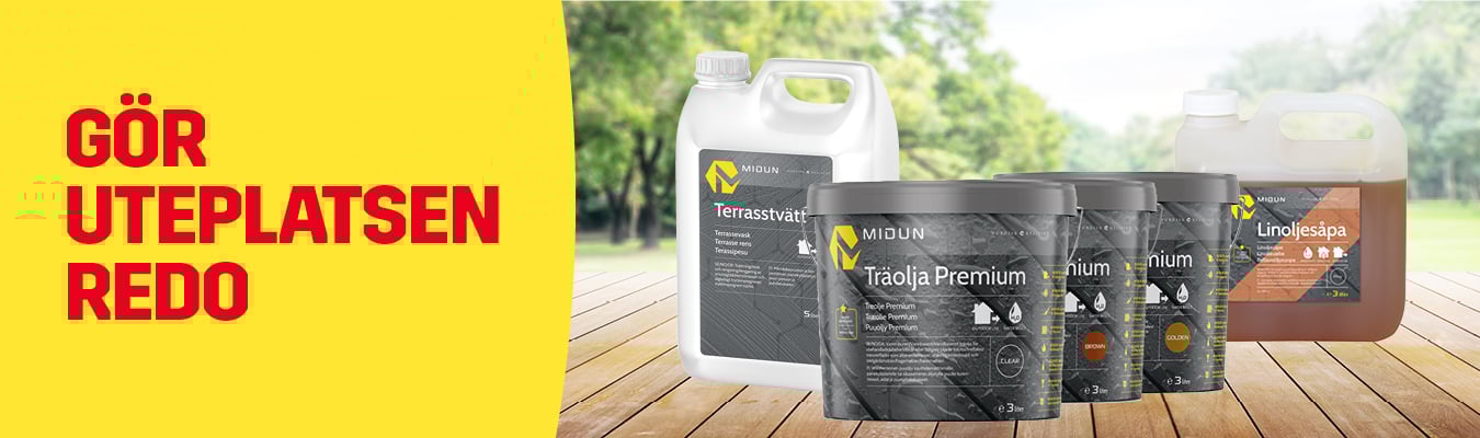 Terrasstv&auml;tt, tr&auml;olja och linoljes&aring;pa samlad p&aring; en altan.