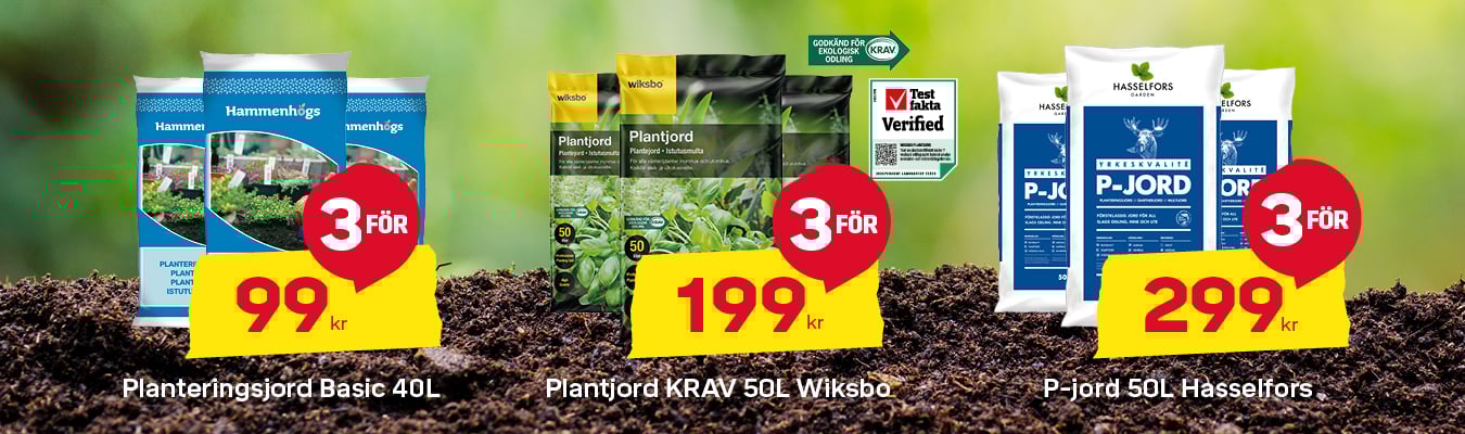 Multipriser p&aring; plantjord. Hammenh&ouml;gs 40 liter 3 f&ouml;r 99kr, Wiksbo 50 liter 3f&ouml;r 199kr, Hasselfors 50 liter 3 f&ouml;r 299kr