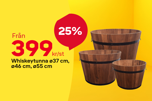 Köp whiskeytunnor på Byggmax. Finns i flera storlekar. Just nu 25% rabatt.
