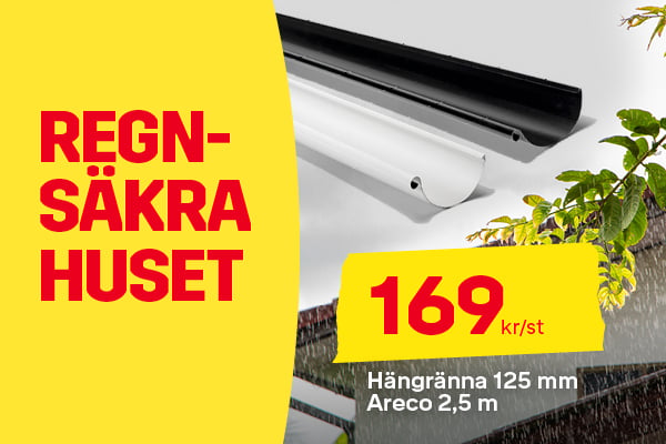 K&ouml;p h&auml;ngrenna p&aring; Byggmax. 125 mm bred och 2,5 m l&aring;ng. 169 kr/st.